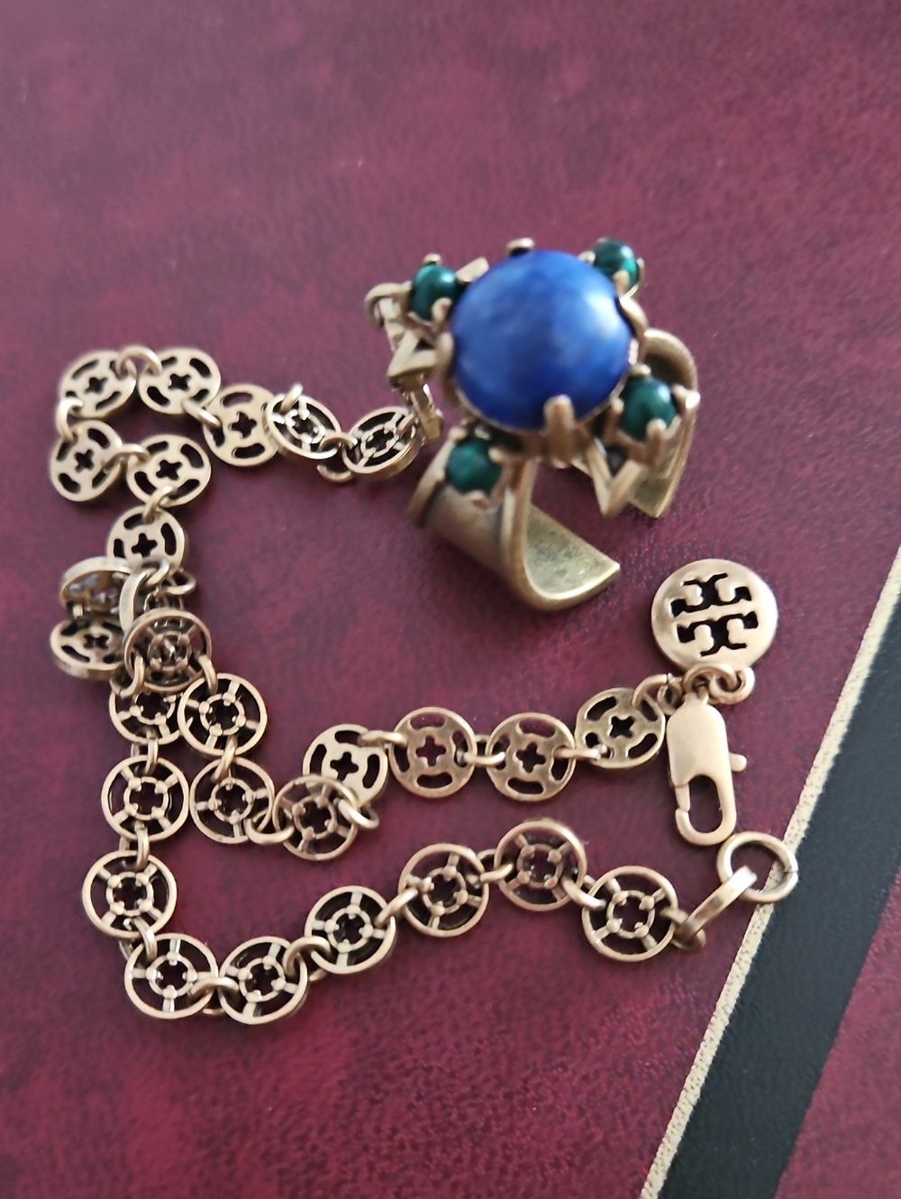 Tory Burch Roxanne Semiprecious Lapis Lazuli Hand Chain Ring Bracelet Set.